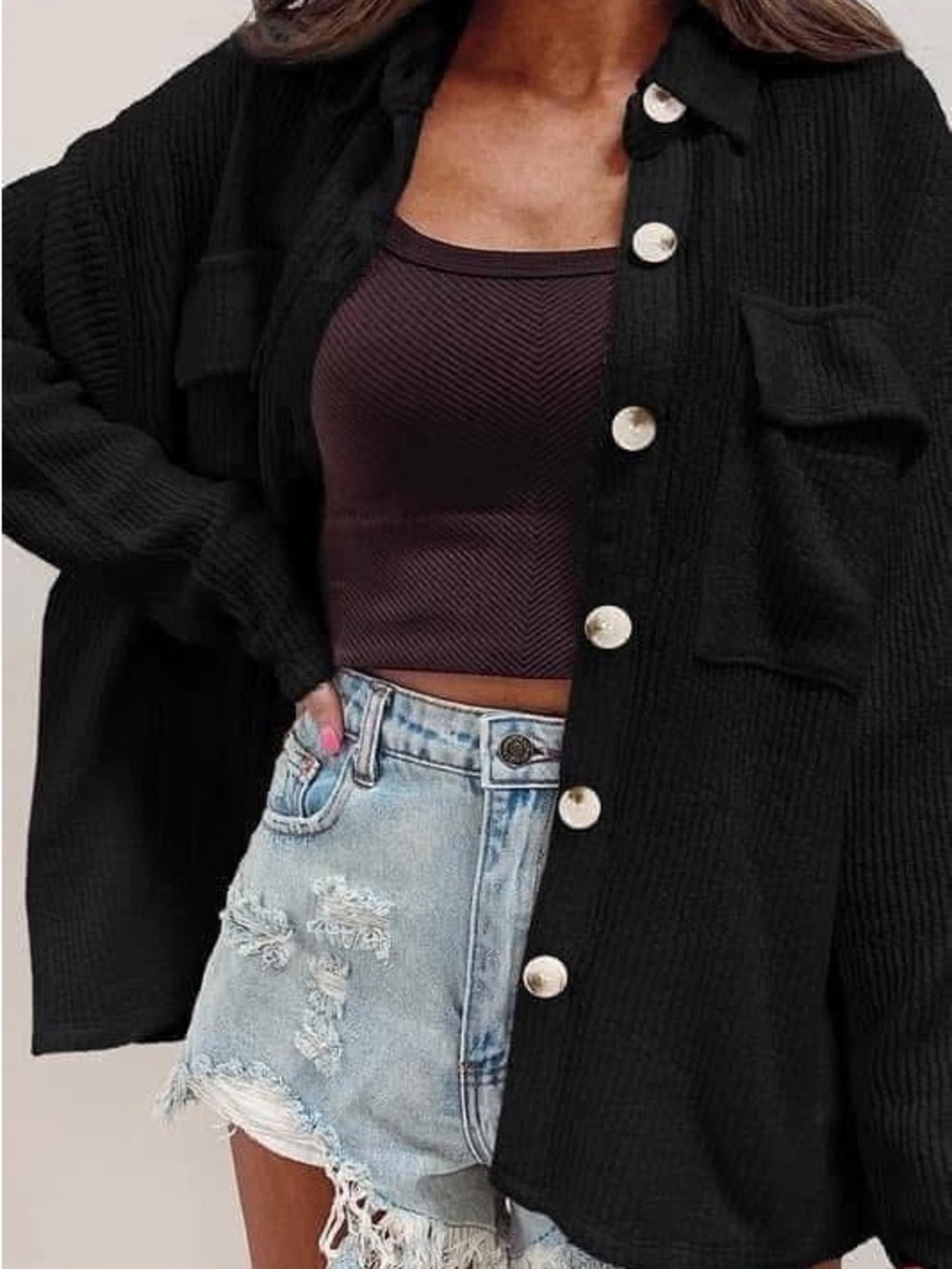 Black Button-Front Ribbed Knit Sweater Shirt Jacket